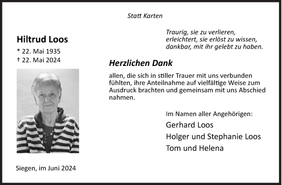Traueranzeige von Hiltrud Loos von Siegener Zeitung