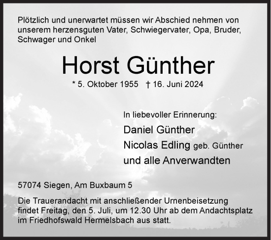 Traueranzeige von Horst Günther von Siegener Zeitung