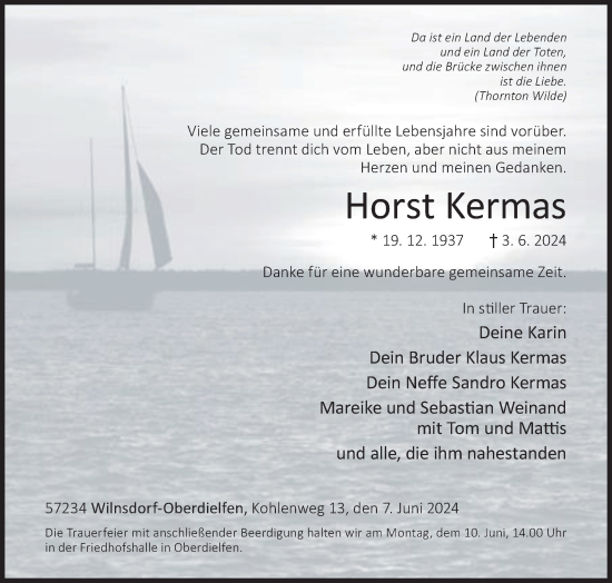Traueranzeige von Horst Kermas von Siegener Zeitung