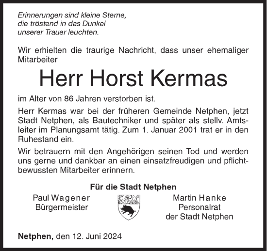 Traueranzeige von Horst Kermas von Siegener Zeitung