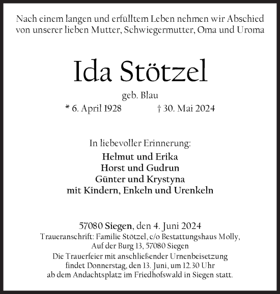 Traueranzeige von Ida Stötzel von Siegener Zeitung