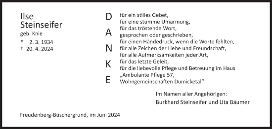 Traueranzeige von Ilse Steinseifer von Siegener Zeitung