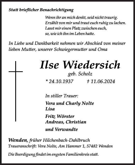 Traueranzeige von Ilse Wiedersich von Siegener Zeitung
