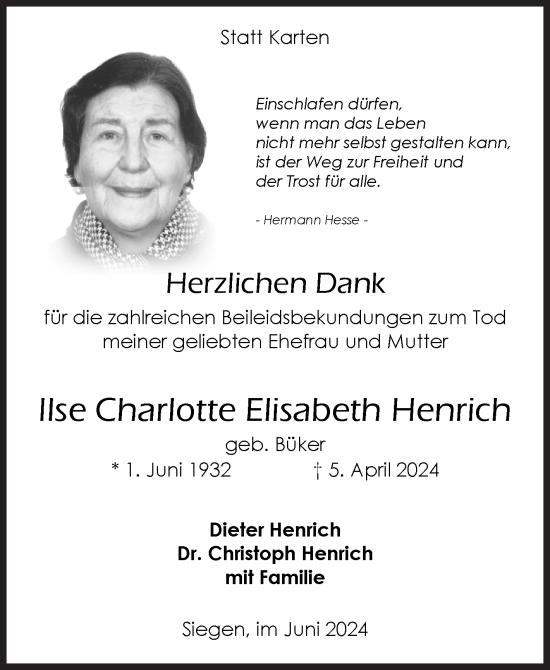 Traueranzeige von Ilse Charlotte Elisabeth Henrich von Siegener Zeitung