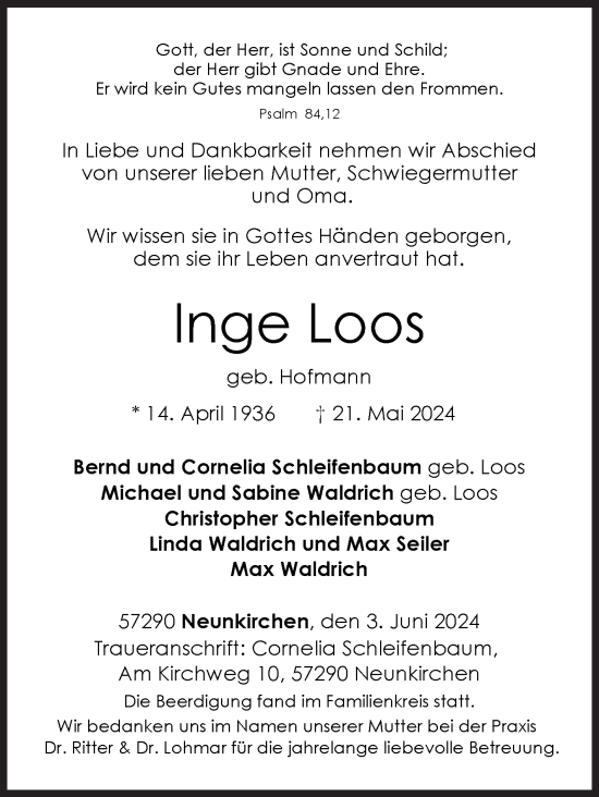 Traueranzeige von Inge Loos von Siegener Zeitung
