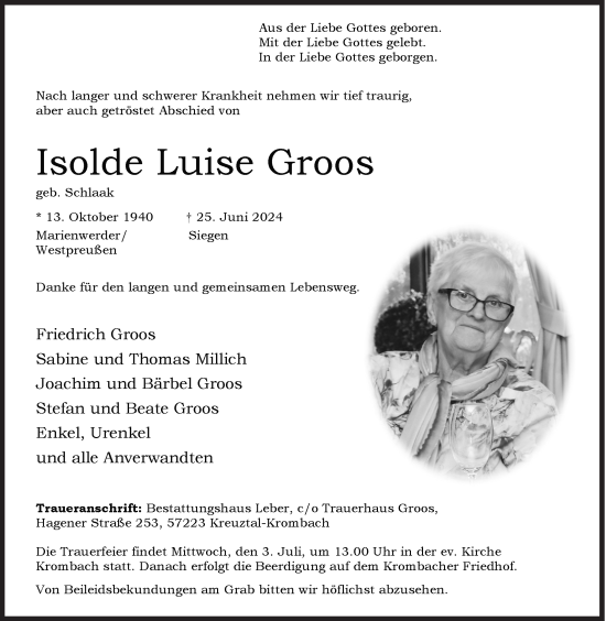 Traueranzeige von Isolde Luise Groos von Siegener Zeitung