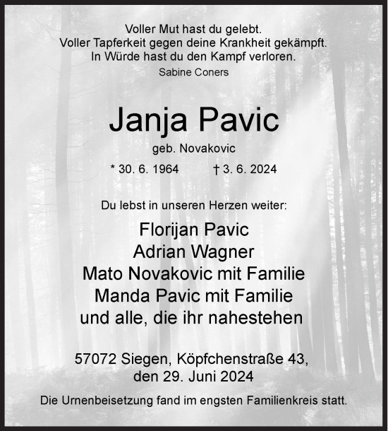 Traueranzeige von Janja Pavic von Siegener Zeitung