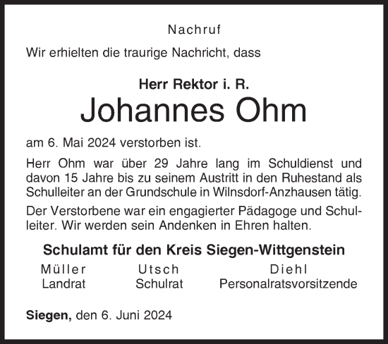 Traueranzeige von Johannes Ohm von Siegener Zeitung