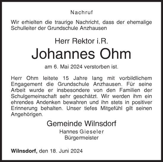 Traueranzeige von Johannes Ohm von Siegener Zeitung