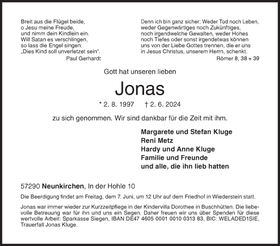 Traueranzeige von Jonas  von Siegener Zeitung
