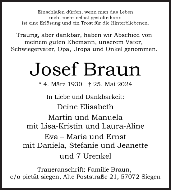 Traueranzeige von Josef Braun von Siegener Zeitung