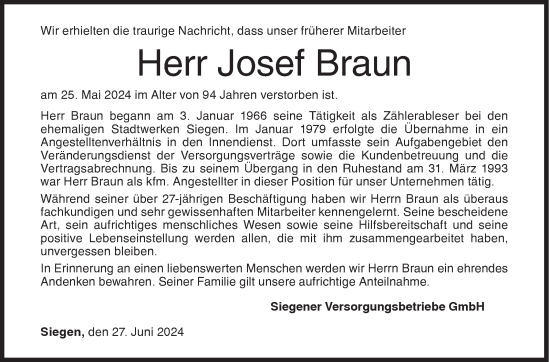 Traueranzeige von Josef Braun von Siegener Zeitung