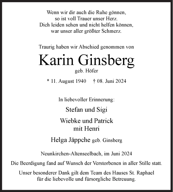 Traueranzeige von Karin Ginsberg von Siegener Zeitung
