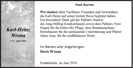 Traueranzeige von Karl-Heinz Wrona von Siegener Zeitung