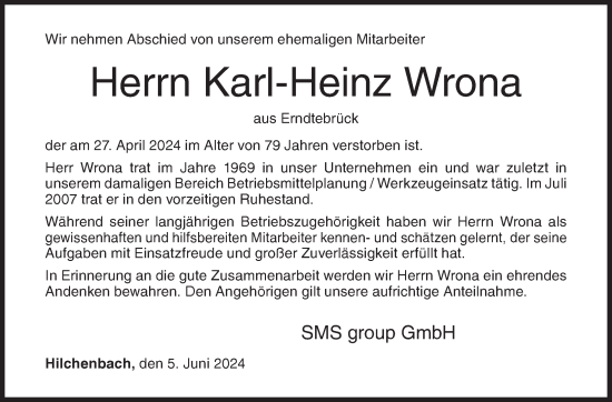 Traueranzeige von Karl-Heinz Wrona von Siegener Zeitung