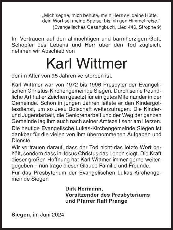 Traueranzeige von Karl Wittmer von Siegener Zeitung