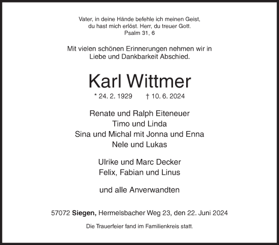 Traueranzeige von Karl Wittmer von Siegener Zeitung