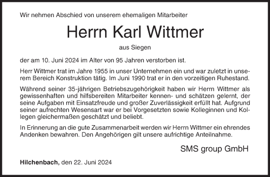 Traueranzeige von Karl Wittmer von Siegener Zeitung