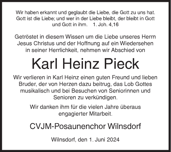 Traueranzeige von Karl Heinz Pieck von Siegener Zeitung