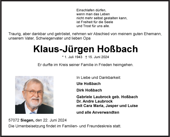 Traueranzeige von Klaus-Jürgen Hoßbach von Siegener Zeitung
