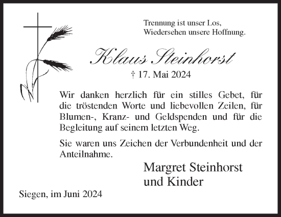Traueranzeige von Klaus Steinhorst von Siegener Zeitung