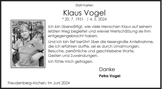 Traueranzeige von Klaus Vogel von Siegener Zeitung