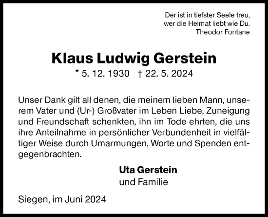Traueranzeige von Klaus Ludwig Gerstein von Siegener Zeitung