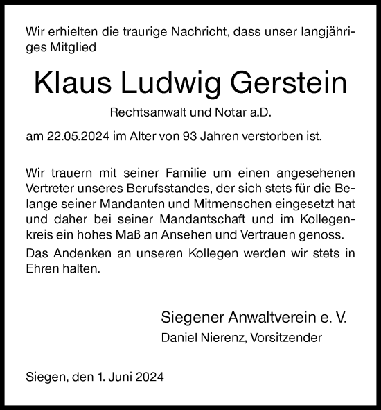 Traueranzeige von Klaus Ludwig Gerstein von Siegener Zeitung