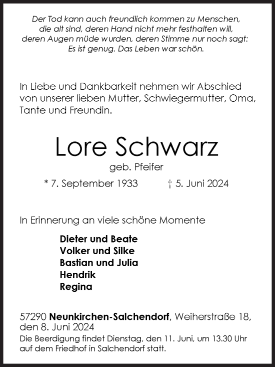 Traueranzeige von Lore Schwarz von Siegener Zeitung