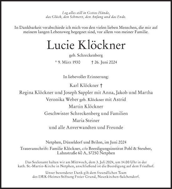Traueranzeige von Lucie Klöckner von Siegener Zeitung