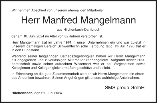 Traueranzeige von Manfred Mangelmann von Siegener Zeitung