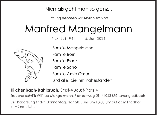 Traueranzeige von Manfred Mangelmann von Siegener Zeitung