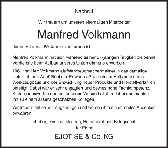Traueranzeige von Manfred Volkmann von Siegener Zeitung