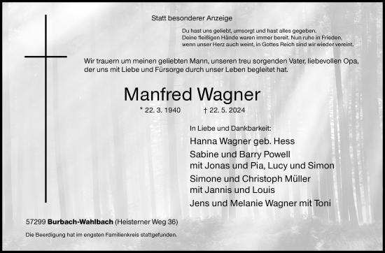 Traueranzeige von Manfred Wagner von Siegener Zeitung