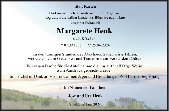 Traueranzeige von Margarete Henk von Siegener Zeitung