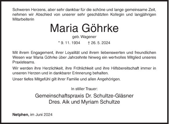 Traueranzeige von Maria Göhrke von Siegener Zeitung