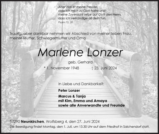 Traueranzeige von Marlene Lonzer von Siegener Zeitung