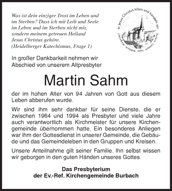 Traueranzeige von Martin Sahm von Siegener Zeitung