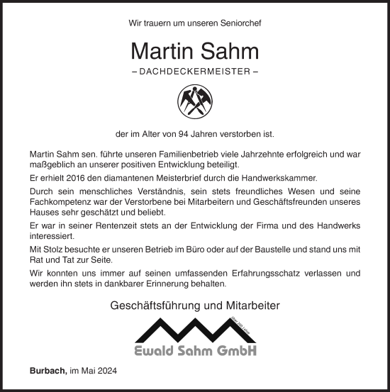 Traueranzeige von Martin Sahm von Siegener Zeitung