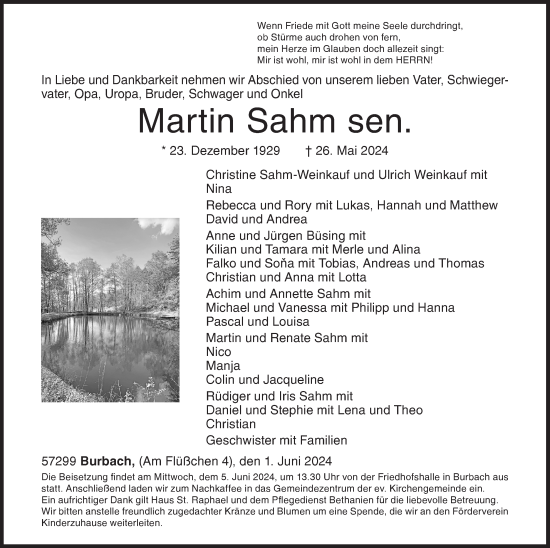 Traueranzeige von Martin Sahm von Siegener Zeitung