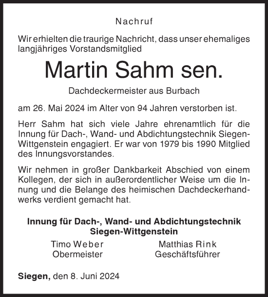 Traueranzeige von Martin Sahm von Siegener Zeitung