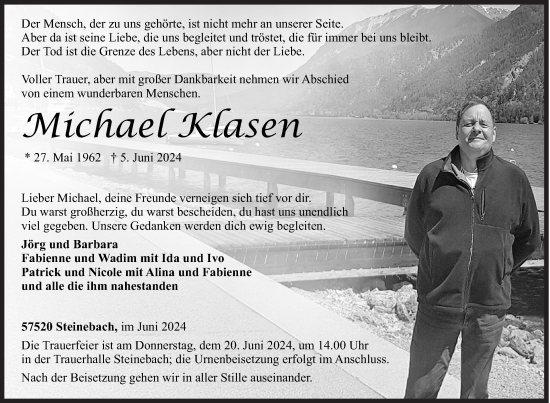 Traueranzeige von Michael Klasen von Siegener Zeitung