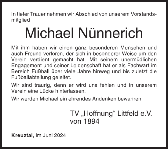 Traueranzeige von Michael Nünnerich von Siegener Zeitung