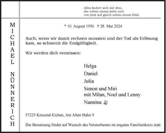 Traueranzeige von Michael Nünnerich von Siegener Zeitung