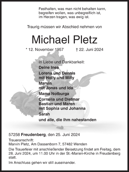 Traueranzeige von Michael Pletz von Siegener Zeitung