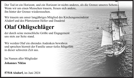 Traueranzeige von Olaf Ohligschläger von Siegener Zeitung