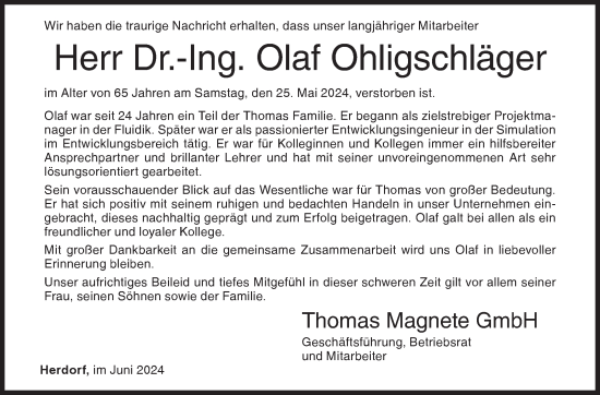 Traueranzeige von Olaf Ohligschläger von Siegener Zeitung