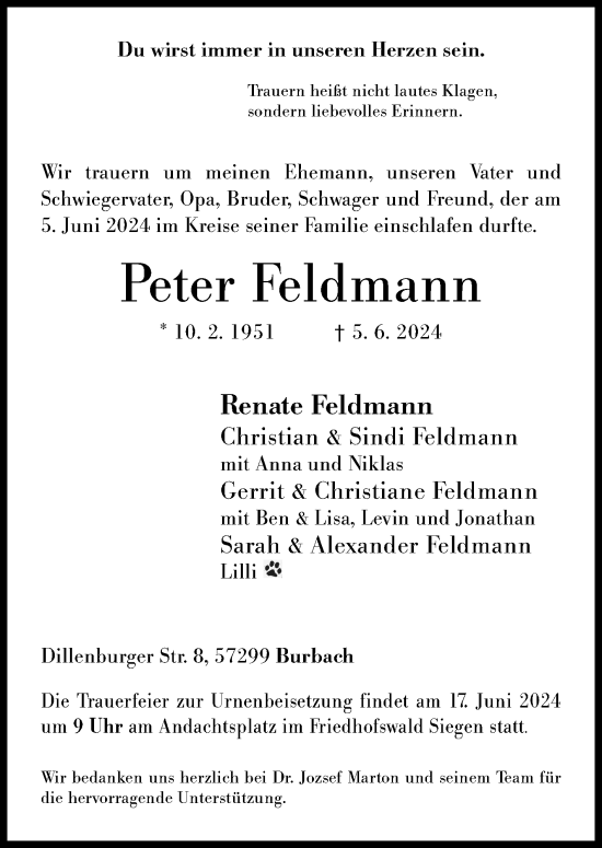 Traueranzeige von Peter Feldmann von Siegener Zeitung