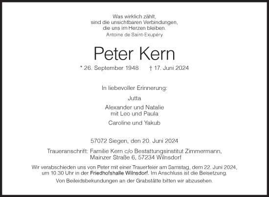 Traueranzeige von Peter Kern von Siegener Zeitung