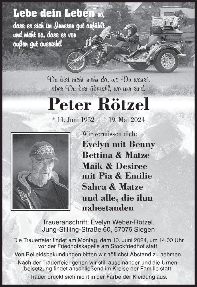  Traueranzeige für Peter Rötzel vom 04.06.2024 aus Siegener Zeitung